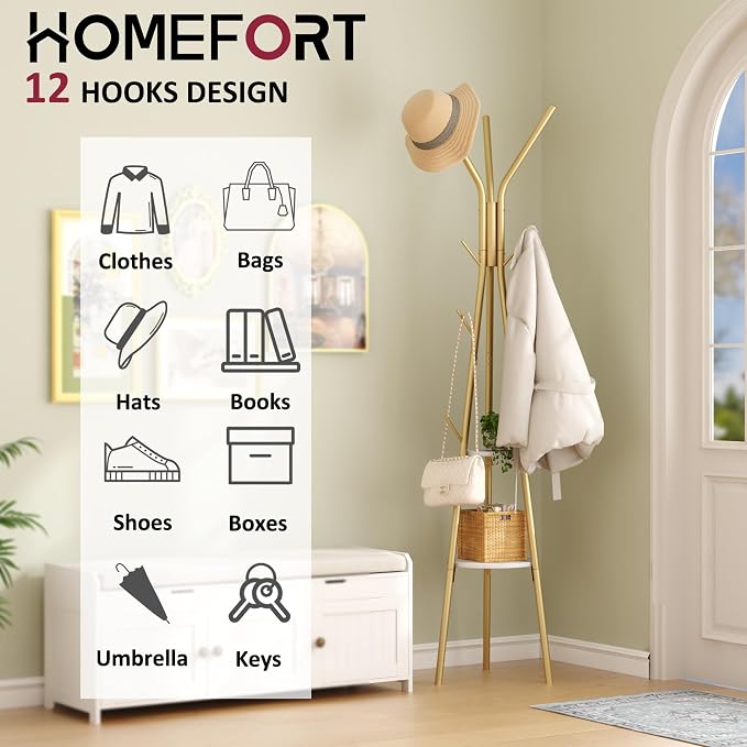 HOMEFORT Coat Rack, Coat Hanger Stand with 2 Shelves, Freestanding Hall Tree, Metal Hat Hanger with 12 Hooks for Clothes Hats and Scarves (Gold)