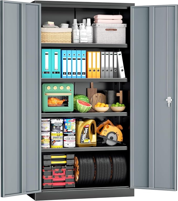 INTERGREAT Metal Storage Cabinet,72" Locking Steel Cabinets with 2 Doors and 4 Adjustable Shelves,Tall Steel Storage for Home Office, Garage,Warehuse (Black Grey)