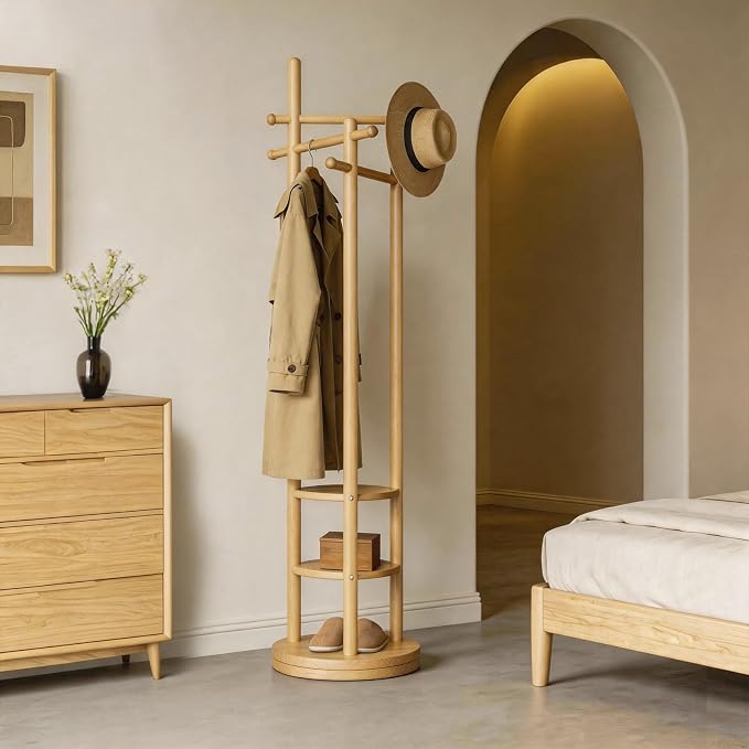 Coat Rack Freestanding, Solid Wood Coat Tree with 6 Hooks and 3 Storage Shelves for Bedroom, Entryway Living Room, Office, Corner Hanger Stand for Purse, Bag, Jacket, Hat