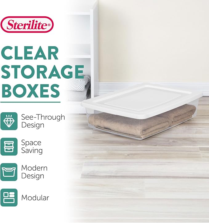 Sterilite 30-Pack Storage Box, Stackable Clear Plastic Bins with Snap-On Lids, 28 Quart