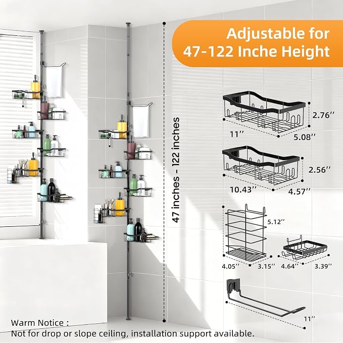 Shower Caddy Corner, 6 Tier Tension Pole Rod Bathroom Organizer Shelves, Adjustable Bathtub Shampoo Stand Rack with Towel Rack 2 Holders for Inside Shower Storage, 47-122 Inch, Black