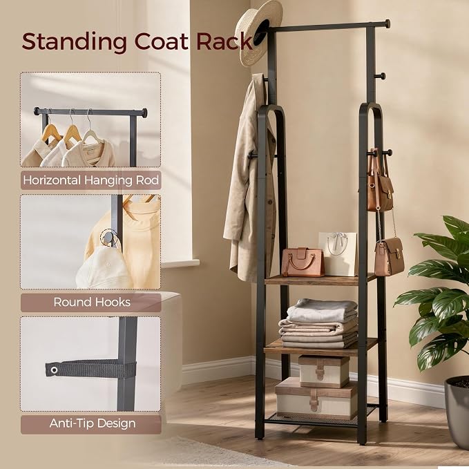 MAHANCRIS Coat Rack Freestanding, Hall Tree with 3-Shelves and 8 Hooks, Industrial Clothes Rack Stand Organizer for Entryway, Bedroom, Bags, Hats, Scarves, Rustic Brown and Black CRHR14901