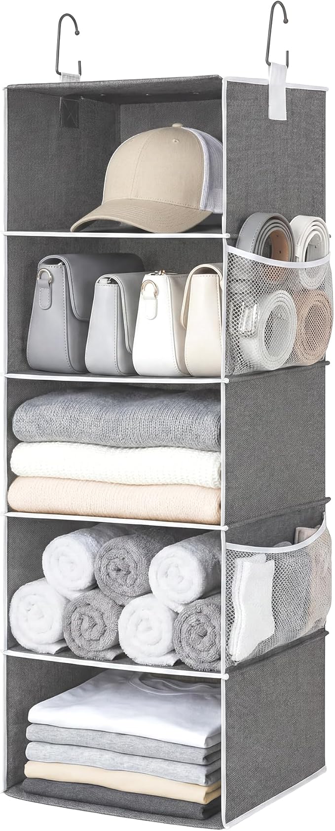 StorageWorks Hanging Closet Organizer, 5-Shelf Hanging Shelves with 2 Hooks, Foldable Space-Saving Design, Closet Organizers and Storage for Bedroom, Dorm, Locker, Gray