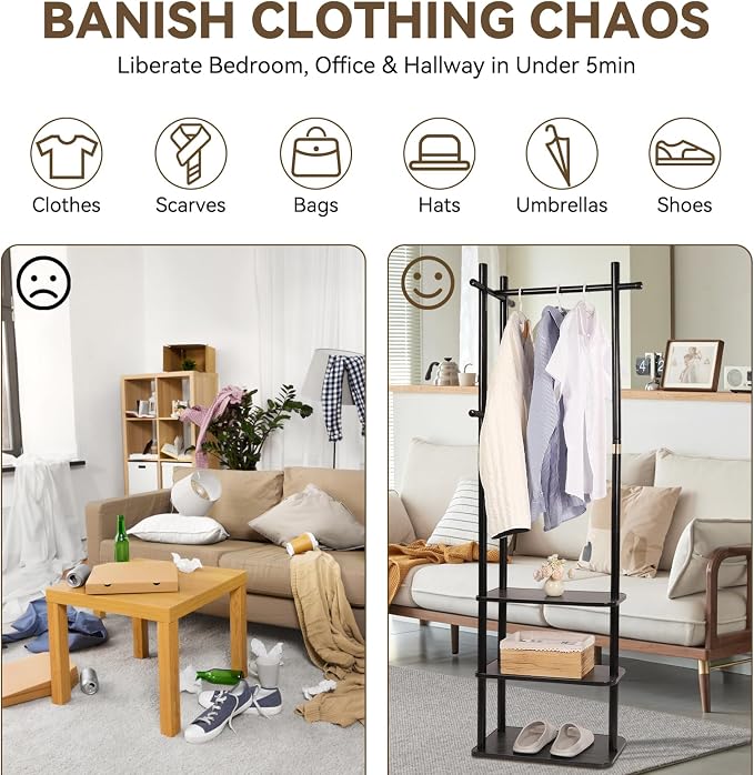 Wood Coat Rack Freestanding Clothing Rack with 3 Shelves and 5 Hooks | Heavy Duty Coat Tree Garment Rack Coat Hanger Stand for Corner Entryways Living Rooms and Bedrooms, Black