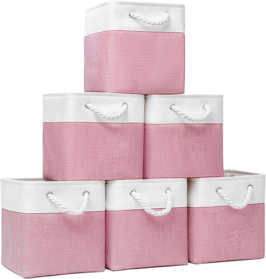 Cube Storage Bins, Collapsible Fabric Storage Cubes Bins, 11 Inch Cube Storage Bins with Handles, Foldable Storage Cubes (Pink, 10.5 * 10.5 * 11inch)