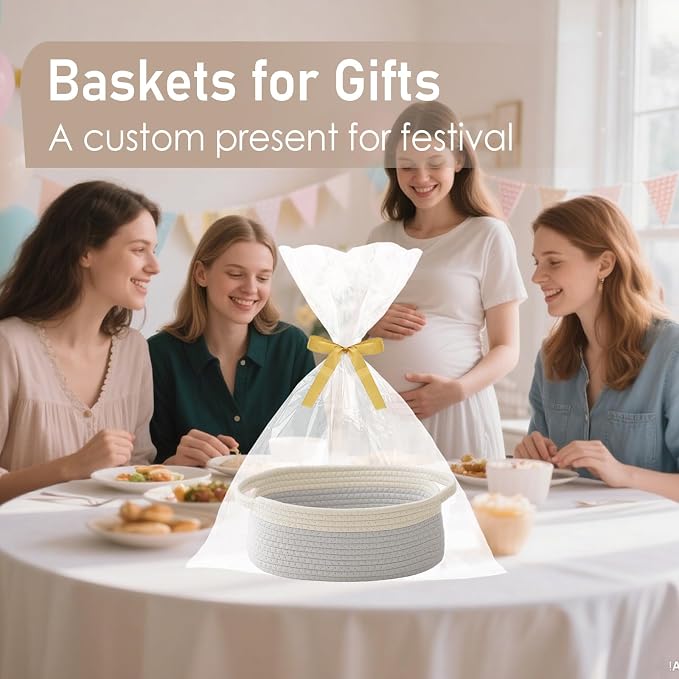 JMvicyroam Small Woven Basket, Empty Gift Basket, White&Grey/2 Pack | Small Gift Basket, Cotton Rope, 12 x 8 x 67 in, Handles, Includes Ribbon and Bag, Birthday Gift Basket
