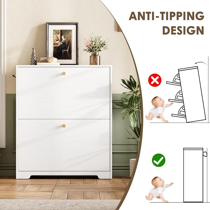 Nicetree Shoe Cabinet with 2 Flip Drawers, Narrow Shoe Organizer Cabinet, Freestanding Shoe Rack Cabinet, Modern Shoe Storage Cabinet for Entryway, Hallway, Foyer, White