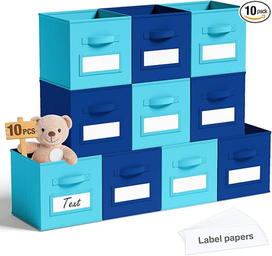 Teenyyou 10 Pack Fabric Storage Cubes 11 Inch Collapsible Cube Bins with Label Window & Handle Foldable Organizers Baskets for Shelf Closet Nursery Kids Room Clothes Book Toy(Lake Blue, Navy Blue)