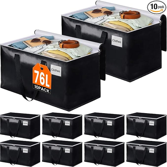 Heavy Duty Moving Bags, Extra Large Storage Bags, 76L, 10-Pack, Black | Foldable, with Zippers, Tag Pocket & Handles, Reusable, Space-saving, Water-Resistant, for moving & storage, Versatile Use