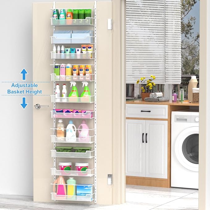 VyGrow Over the Door Pantry Organizer, 10-Tier Over the Door Organizer with Adjustable Basket, Pantry Door Organization for Pantry Kitchen Storage Room Spice Rack, White