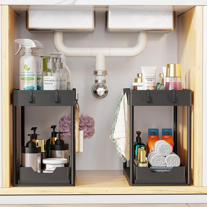 Simple Trending Under Sink Organizer 2 Pack, Sink Pull-Out Sliding Storage Cabinet, 2-Tier Under Shelf Organizer for Kitchen Bathroom, Black