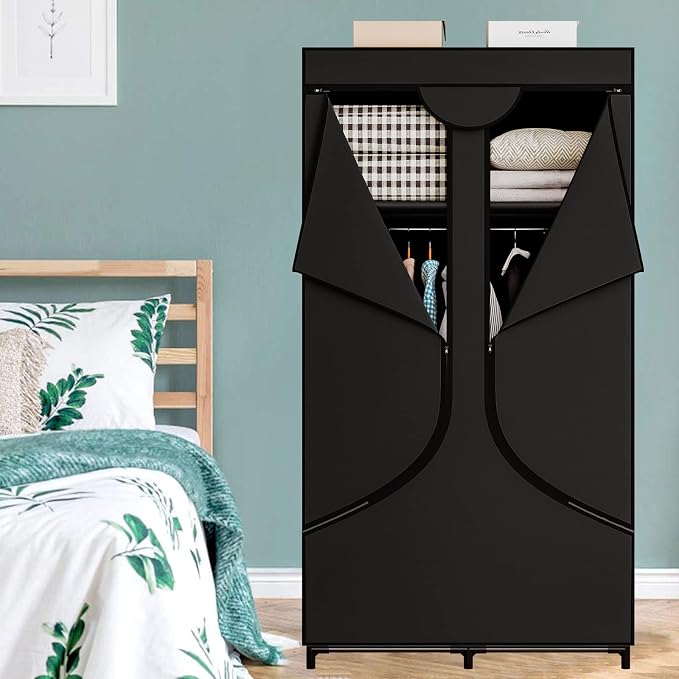 SORCEDAS Portable Closet Wardrobe with Hanging Rods Shelves Clothes Storage | 34 Inch Closet Organizers and Storage with Non-Fabric Cover,Freestanding Clothes Closet for Bedroom,dorm,Storage Rooms Black