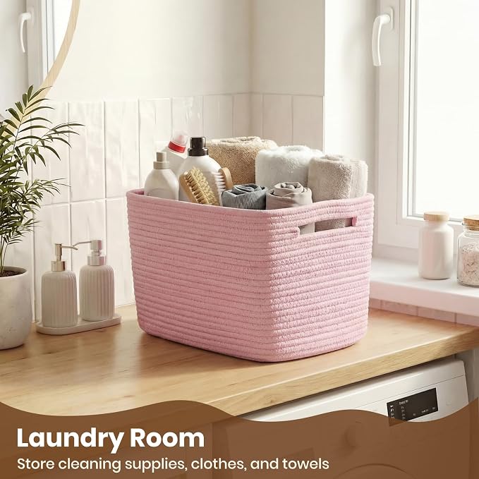 Storage Baskets for Organizing, 14 x 10 x 9” Closet Shelf Woven Baskets, Square Bins with Handles, Cotton Rope Basket for Clothes, Office, Room, Pink 3 Pack