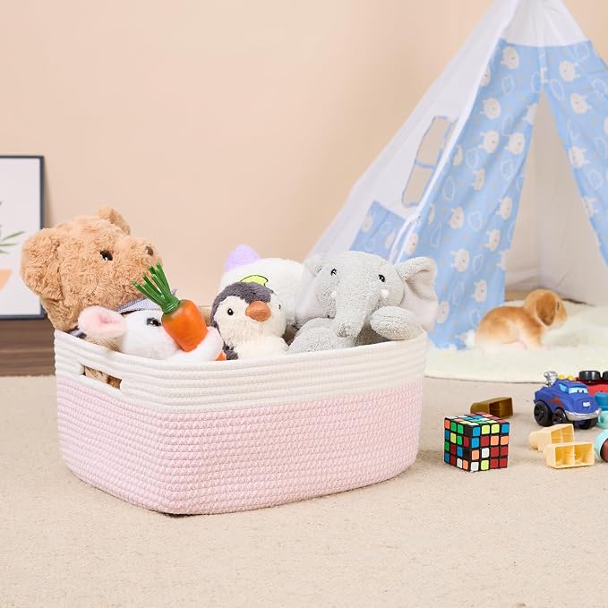 MiniArk Large Storage Baskets for Shelves, 17 x 13 x 7.5” Closet Organizers Bins for Clothes Blanket Towels, Baby Nursery, Toy Baskets Box, Woven Rope Baskets, 3 Packs Woven Pink
