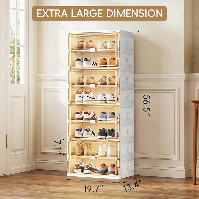 JEKO&JEKO 8 Tiers Foldable Shoe Rack Organizer Cabinet for Closet Entryway, Large Collapsible Shoe Storage Box with Magnetic Doors (White)