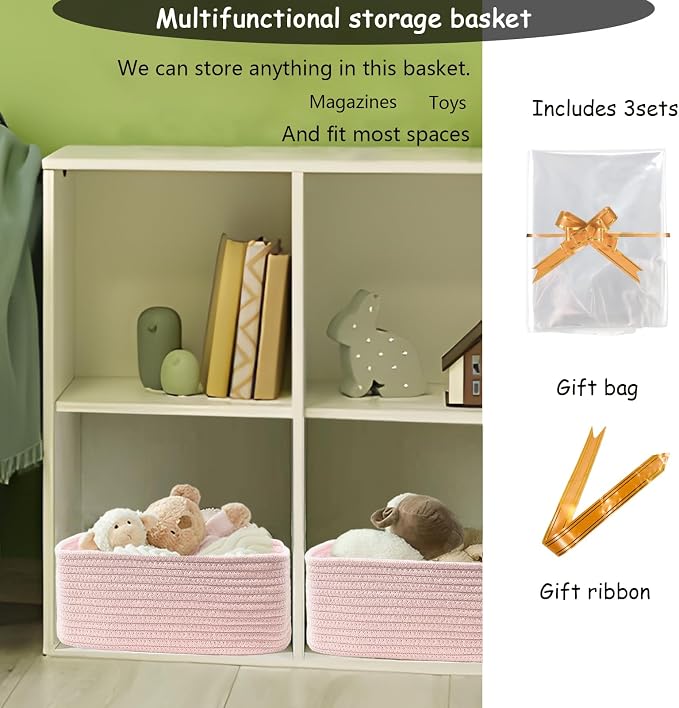 COMFY-HOMI 13" x 8.5" x 5.1" Storage Baskets for Organizing | Cotton Rope Woven Basket | Toy Storage Bin Box | Basket for Shelves, Closet Organizer Bin, Decorative Closet Shelf, 3 Pack