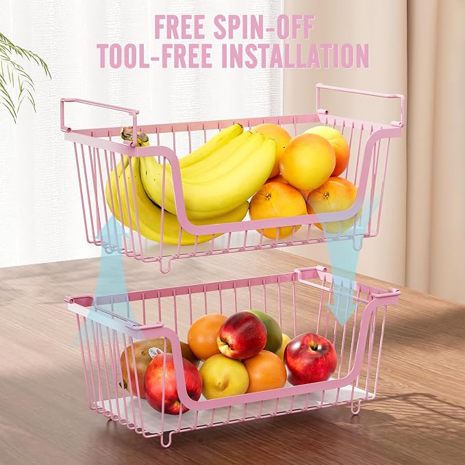 4 Pcs Stackable Wire Baskets for Pantry Organizers and Storage,pink, | Vegetable Fruit Basket for Countertop,Kitchen Storage Metal Baskets,Produce Potato Onion Storage Bin,