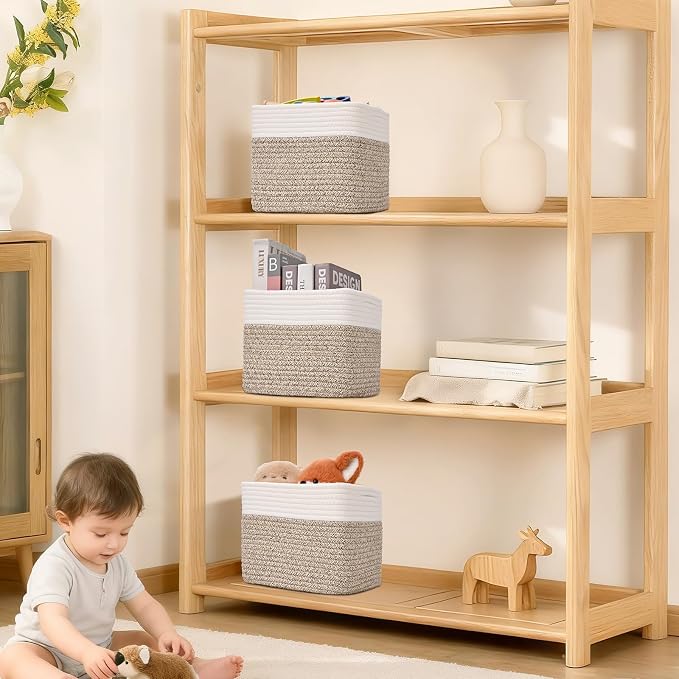 3 Pack Cube Storage Bin, 9”x9”x7” Cotton Rope Woven Baskets for Organizing Toys Clothes Towels, Square Gift Storage Baskets for Shelves, Nursery, Closet, Bathroom, Pantry (White & Jute)