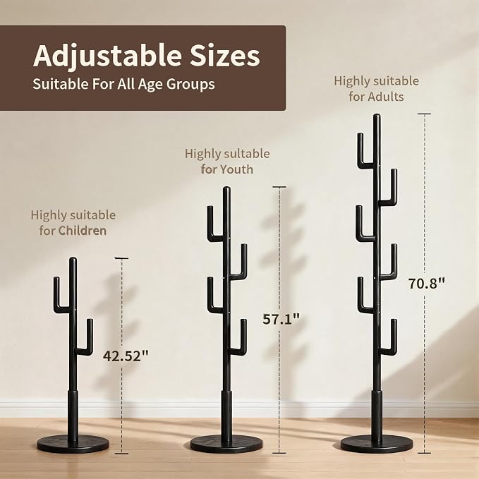 Coat Rack,Solid Wood Cactus Freestanding Coat RackWith 6 L-Shaped Hooks and 3 Adjustable Sizes,Coat Tree for Bedroom, Entryway, Livingroom, Coat Hanger Stand for Coats, Handbags (Black)