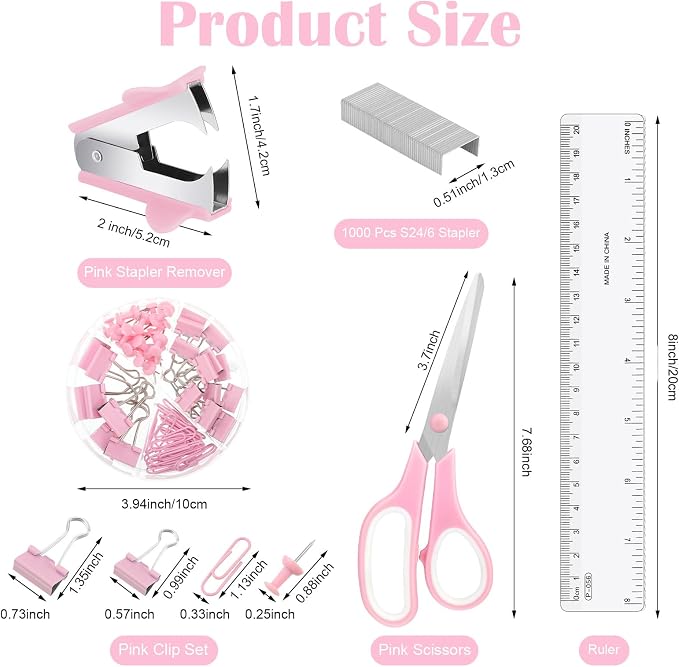 auroray Pink Desk Organizers and Accessories, Pink Office Supplies Include Mesh Desk Organizer, Tape Dispenser, Stapler, 1000 Staples, Staple Remover, Pen Holder, Clips Set, Ruler, Scissors
