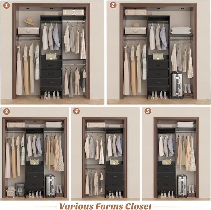 Besiost 4FT Small Closet System with 3 Fabric Drawers, 48'' Closet Organizer System With 3 Adjustable Shelves, Flexible Built-In Clothes Garment Rack for Small Space, 48" L x 13" W x 71" H, Black
