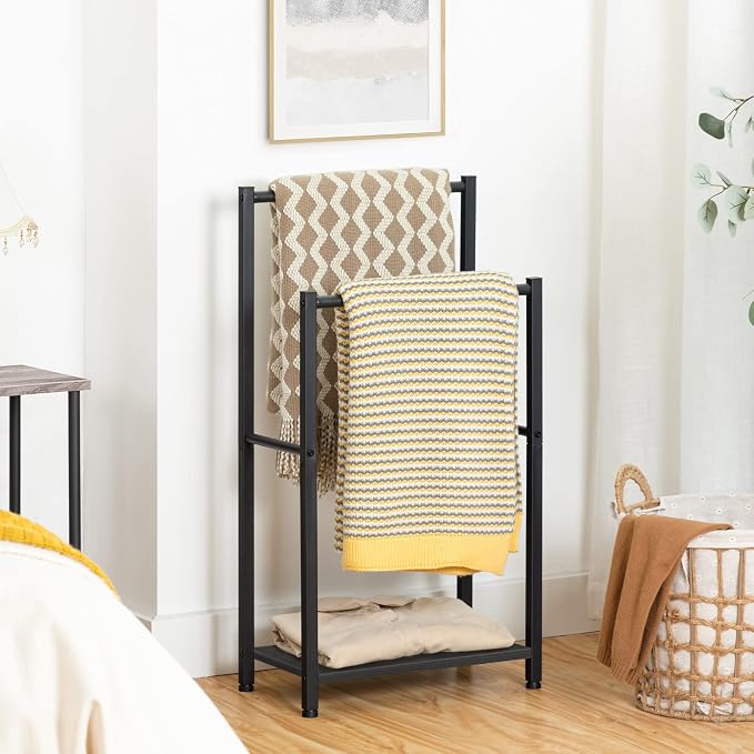 HOOBRO Free Standing Towel Rack for Bathroom, 16.5" L x 9.4" W x 31.5" H, 2 Tier Blanket Rack, Blanket Holder, Drying and Display Rack with Shelf, Black BB02LB01