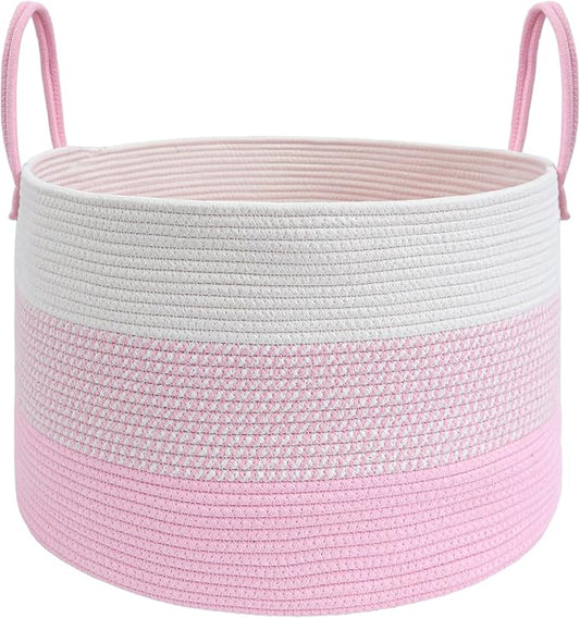 JMvicyroam 115L Extra Large Blanket Basket for Living Room - Woven Cotton Rope Laundry Hamper with Reinforced Handles - Storage Bin for Pillows, Comforters & Toys - Machine Washable,White&Pink Mix