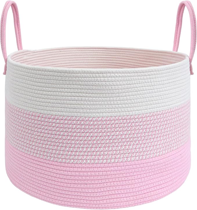 JMvicyroam 65L Extra Large Blanket Basket for Living Room - Woven Cotton Rope Laundry Hamper with Reinforced Handles - Storage Bin for Pillows, Comforters & Toys - Machine Washable,White&Pink Mix