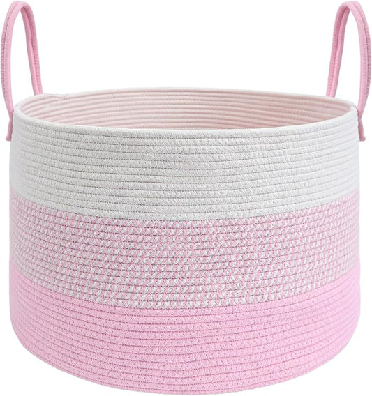 JMvicyroam 65L Extra Large Blanket Basket for Living Room - Woven Cotton Rope Laundry Hamper with Reinforced Handles - Storage Bin for Pillows, Comforters & Toys - Machine Washable,White&Pink Mix