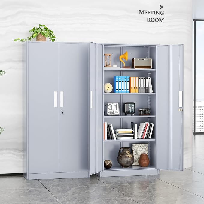 INTERGREAT Metal Storage Cabinet, 72” H Storage Cabinet with Doors and Adjustable Shelves for Office, Home, Garage, Pantry (Assembly Required, Cement Grey)