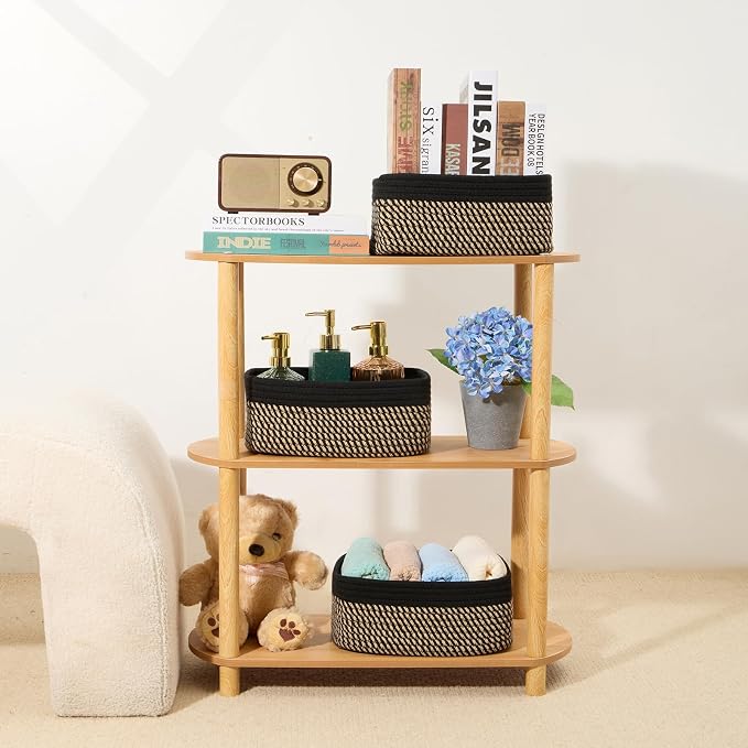 MiniArk Small Storage Baskets for Organizing | Closet Organizer Bins | Shelf Toy Basket | Woven Rope Baskets | Cube Decorative Box | Shallow Basket | 11.5x7.5x4.7” | 3 Packs Black Brown
