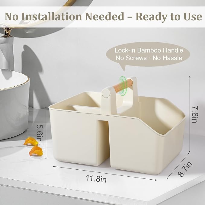 rejomiik Plastic Shower Caddy, Portable Basket with Bamboo Handle, Cream | Cleaning Caddy Organizer Tote for Bathroom, College Dorm Essentials, Bath Toy Storage, Cleaning Supplies