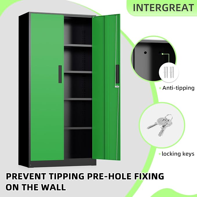 INTERGREAT Metal Storage Cabinet, 72" Locking Steel Cabinets with 2 Door and 4 Adjustable Shelves, Tall Metal Cabinet for Home Office, Garage, Warehouse,(Black+Green)
