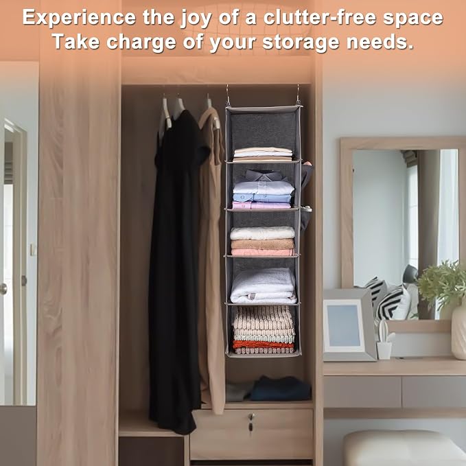 BOOMIBOO Hanging Closet Organize and Shelves，5-Hanging Shelf with 2 Side Pockets，Storage Foldable （Beige）