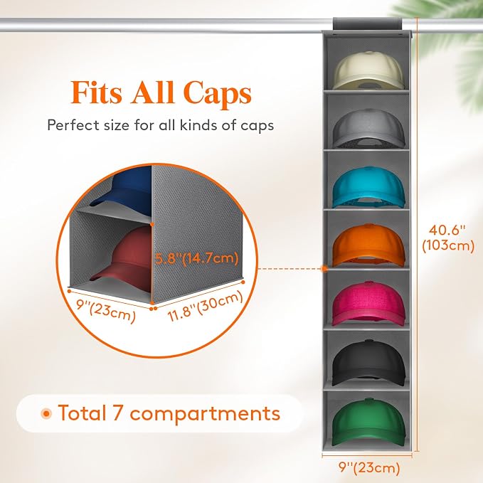 Lifewit 7 Section Hanging Hat Organizer for Baseball Caps, Gray, 1 Pack