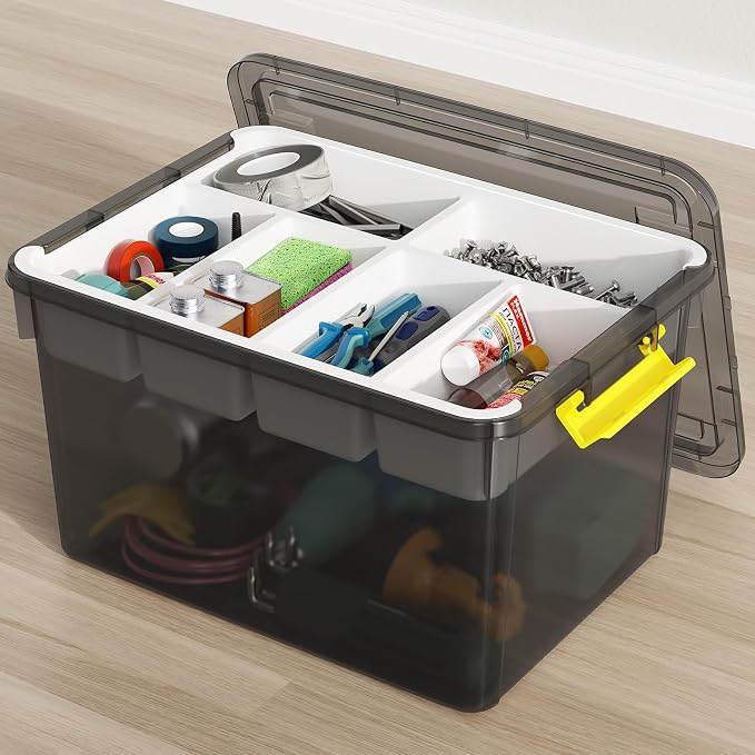 40Qt Stackable Storage Bins with Lid Tray Craft Box Organizer, 1Pack,GY | Clear Plastic Latching Boxes Organizers with Dividers Portable Containers for Arts & Crafts, Home Office Classroom Car Trunk