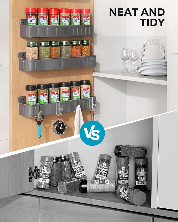 Nieifi Spice Rack Wall Mount, 4 Pack Grey, 2" Depth, Screw/Adhesive | Wall-Mounted with Removable Hooks Saves Counter Space, Fits 2" Deep Jars, Ideal for Kitchen Cabinets, Pantry Doors, and RVs.