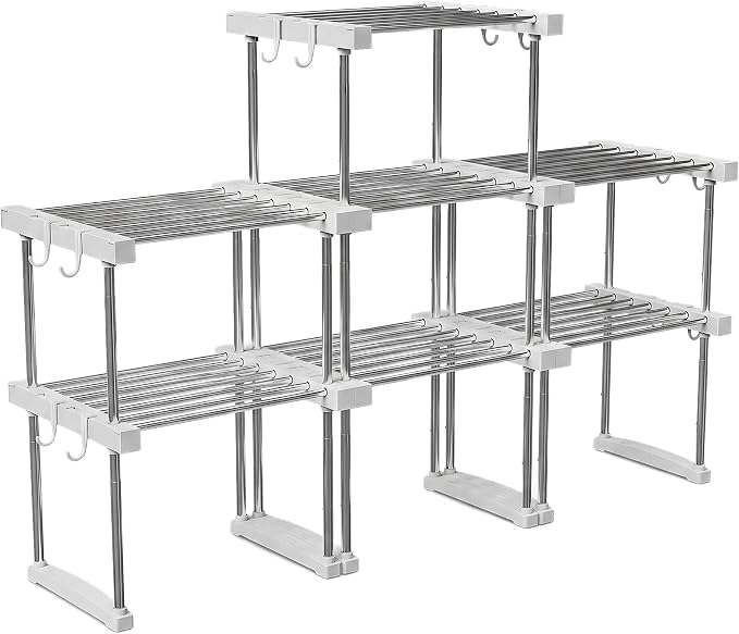 BLULEE Expandable Under Sink Organizer, No-Drill Adjustable Shelf | Custom fit around pipes cabinet rack for bathroom vanity and kitchen pantry, supporting heavy laundry supplies.
