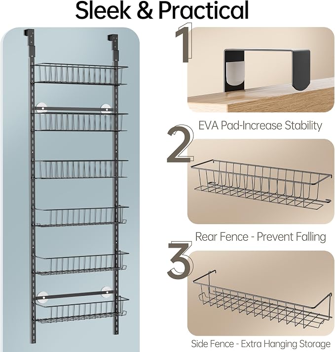 Delamu Adjustable Cabinet Door Organizer, 6 Tier Hanging Spice Rack | Metal Over the Door Pantry Organizer, Pantry Organizers and Storage Shelves for Kitchen Bathroom Laundry Room, Black