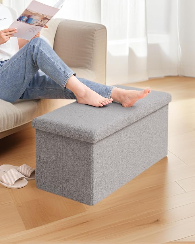 30 Inch Storage Ottoman Bench, Boucle Folding Ottoman Footstool, Rectangular Sherpa Footrest Storage Bench for Bedroom, Living Room, Entryway, Dorm, Grey