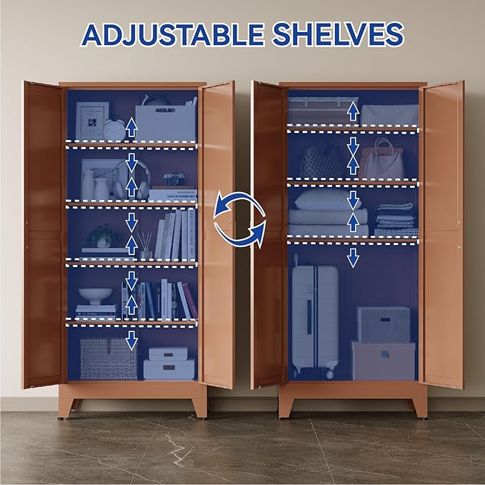 COFaR Metal Pantry Cabinet with Doors, Farmhouse 71'' Tall Storage Cabinet with 4 Adjustable Shelves, Kitchen Pantry Cabinet for Dinning Room, Garage, Laundry, Bathroom, Brown 5-Tier