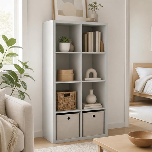 8-Cube Cubicle Bookshelf, Cube Bookcase with Open Back, Reversible Book Shelf, Cube Storage Organizer, 15 x 30 x 58, for Living Room, Home Office, Light Grey