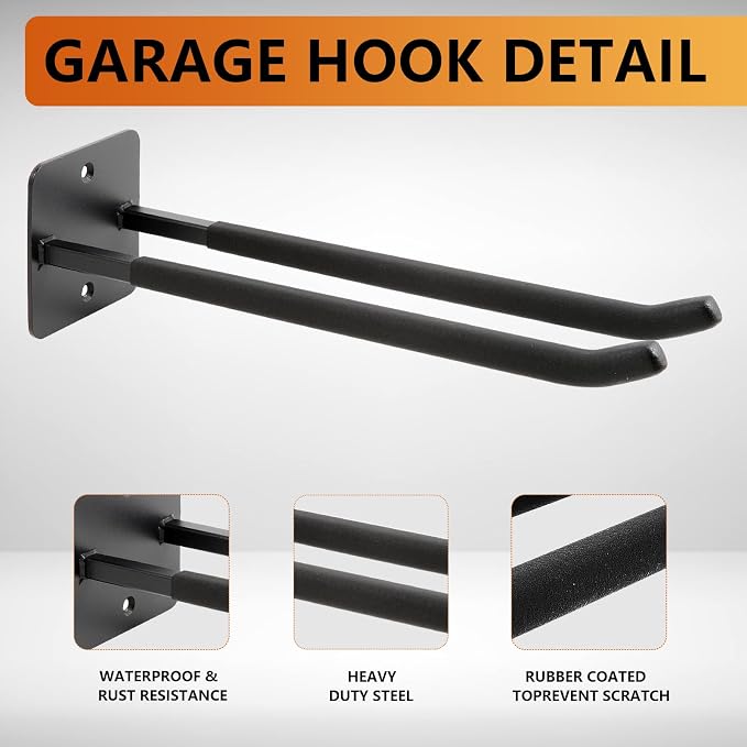 Sinoer 4 Pack Steel Wall Mount Double Garage Storage Hooks | 14 inch heavy steel double wall hooks store ladders, chairs, ropes, tires & strollers as garage tool organizer
