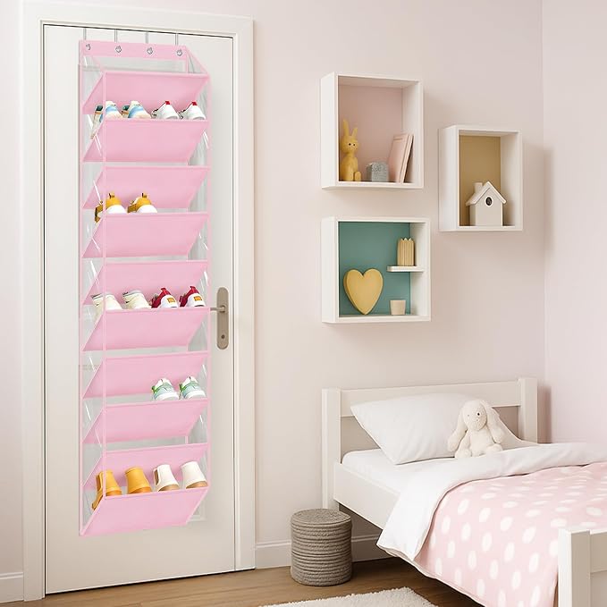 AOODA 10 Tier Clear Over the Door Shoe Organizer Storage, Deep Pockets Large Hanging Shoe Rack for Closet Door, Fit 20 Pairs Shoe Holder Hanger for Sneakers, Boots (Pink)