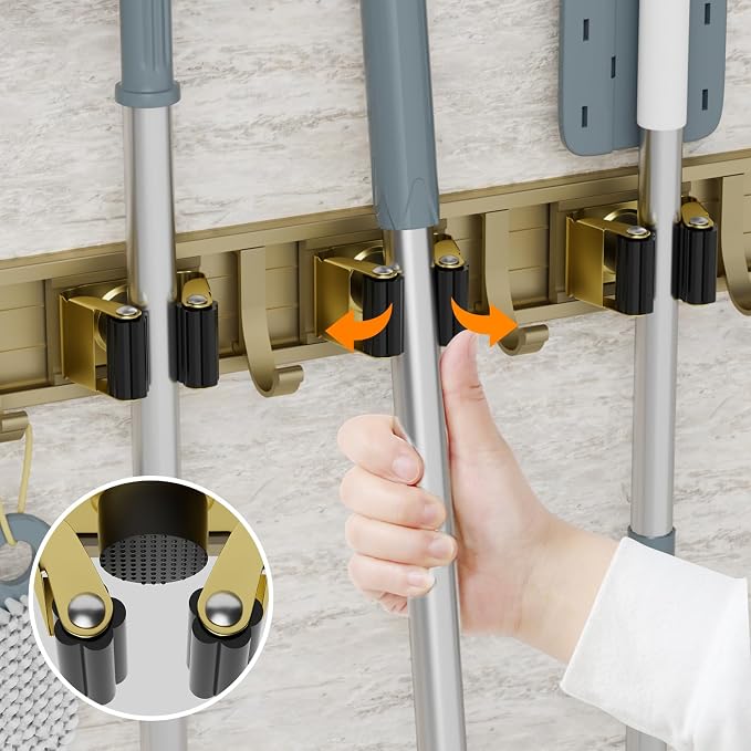 reliahom Broom Holder Wall Mount Mop Hanger Tools organizer 5Racks 4Hooks | Adjustable Mop Broom Wall Hanging Heavy duty Tools Storage Rack Space-saving for Garage,Kitchen,Laundry Room,Garden, Bronze