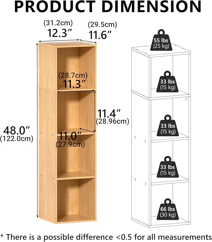 4 Cube Storage Organizer, 4 Tier Cube Low Bookcase Freestanding Storage Display Organizer, Four-Cubes Open Shelf Bookshelf for Home Office (Oak, 4-Cube)