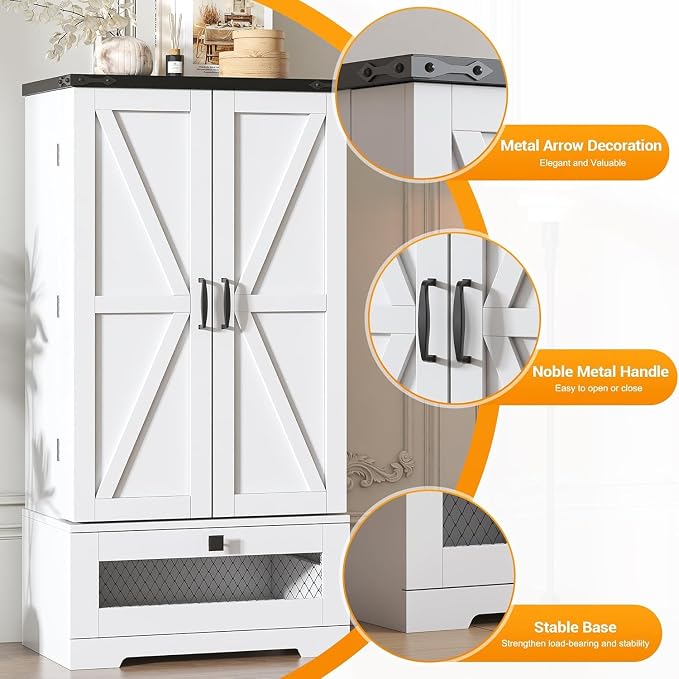kepptory Farmhouse Pantry Cabinet with Barn Door & Adjustable Shelves, Freestanding Kitchen Storage Cabinet for Dining Room, Bathroom, Hallway (White)