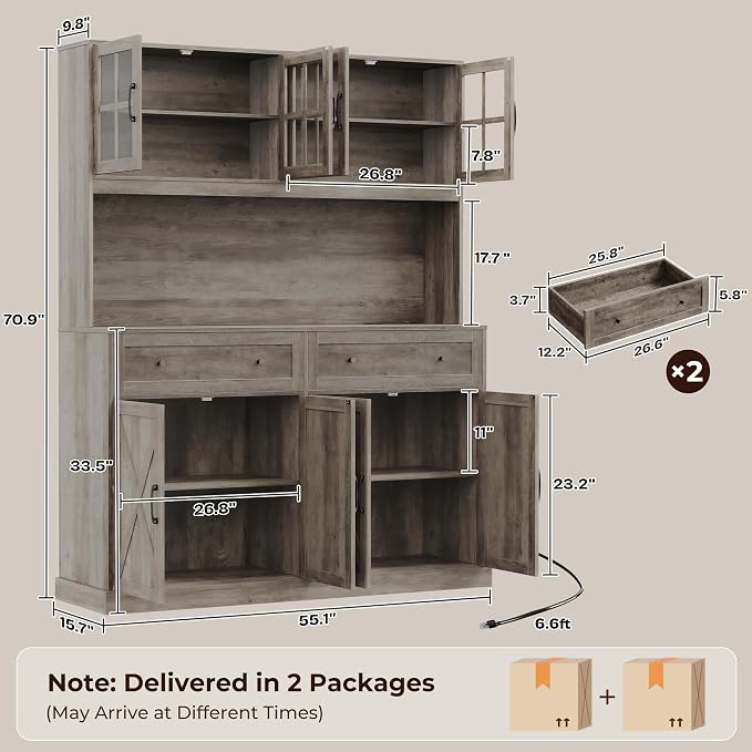 71''H x 55.1''W Pantry Cabinet with Charging Station, 4 Wide Cabinets Kitchen Pantry with 2 Drawers, Farmhouse Hutch Storage Cabinet, Tall Coffee Bar, Acrylic Door, Adjustable Shelves, Grey