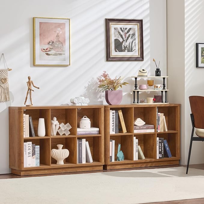 Joaxswe 6 Cube Storage Book Shelf, 40" Wide Low Horizontal Bookcase with Curved Edge, Floor Standing 2-Tier Wooden Bookshelf with Base, Modern Short Book Case for Bedroom, Study, Entryway, Brown