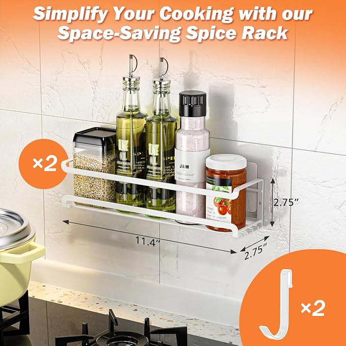 Bunoxea Spice Rack Wall Mounted 2 Pack, White,For Spice Jars & Seasonings | 2 Removalble Hooks,Screw or Adhesive Hanging, Space-Saving,For Kitchen Cabinet, Pantry Door,Stove,RV Use,11.41x2.75x2.75in